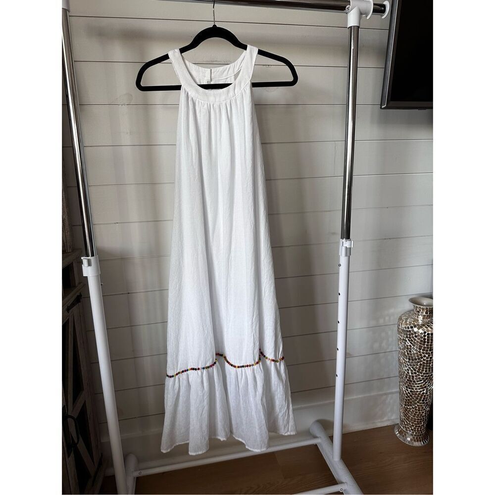Superfoxx Halter‎ Neck Midi Dress PomPom Details Womens L White Bohemian